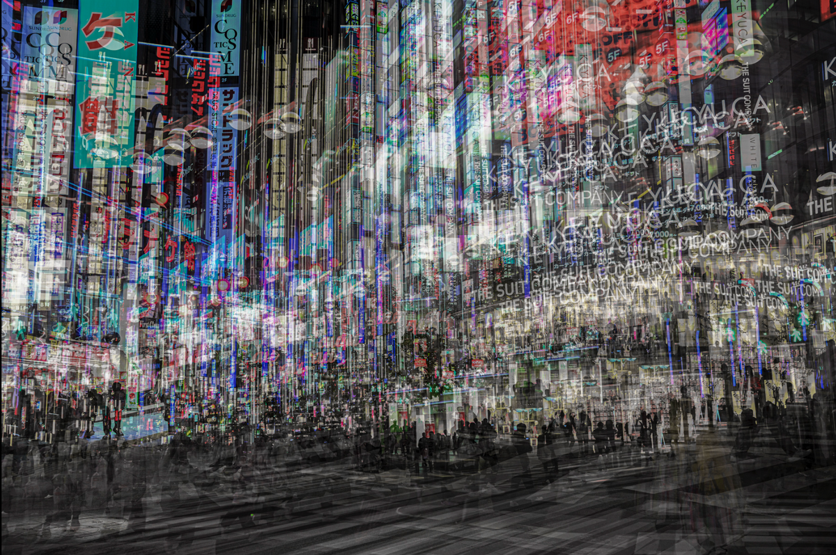 A layered multiple-exposure night scene filled with illuminated Japanese signs and pedestrians in Tokyo.