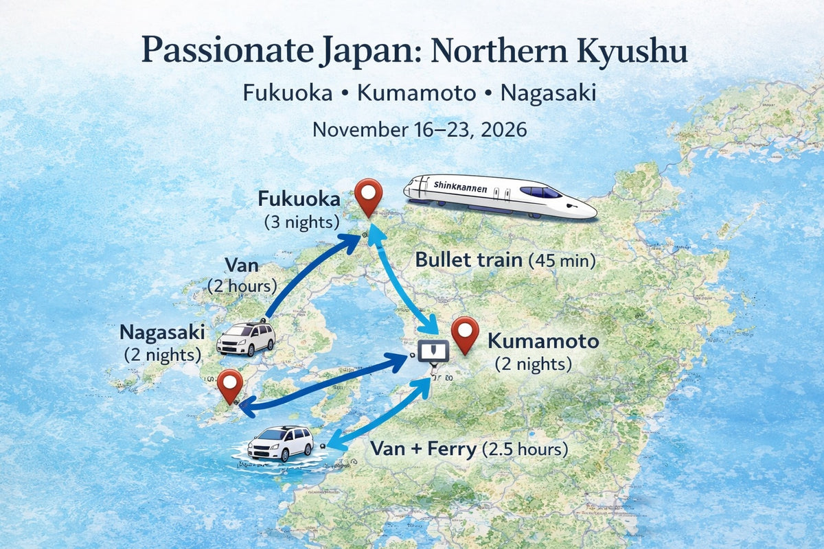 Northern Kyushu workshop route through Fukuoka, Kumamoto and Nagasaki