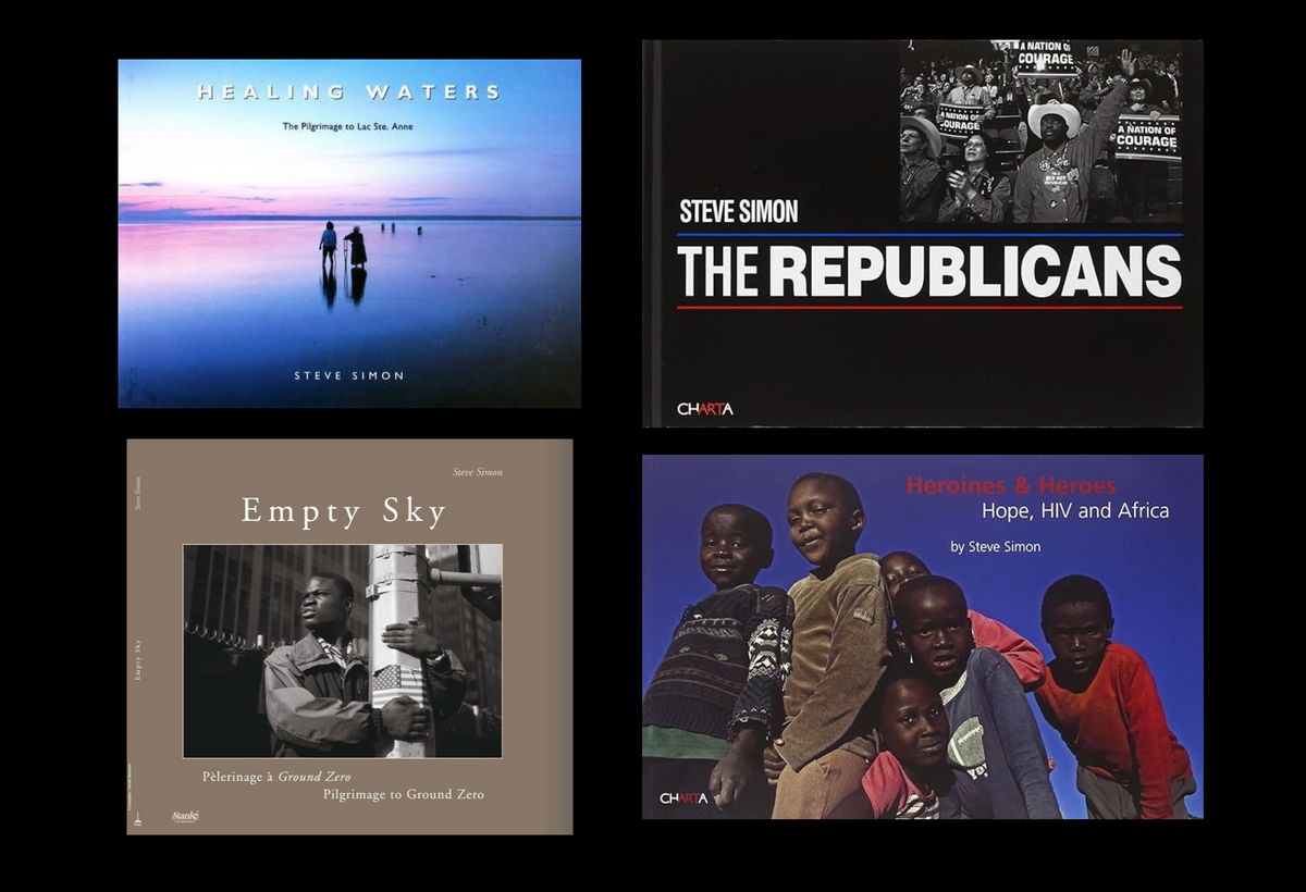 Four photography books by Steve Simon: Healing Waters, The Republicans, Empty Sky, and Heroines &amp; Heroes