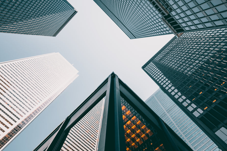 Looking upward between Toronto’s downtown buildings